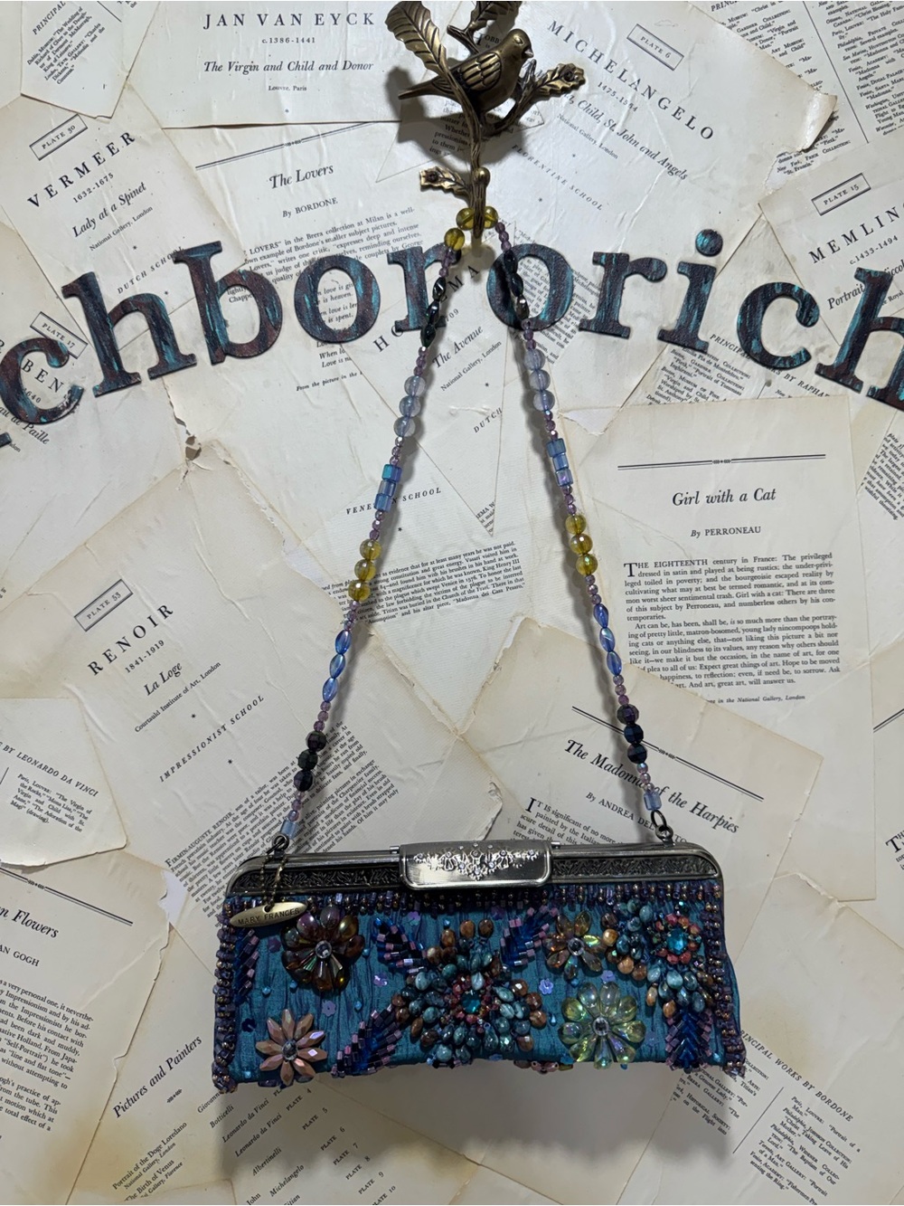 Vintage Mary Francis Evening Bag Beaded Strap Jewel Embellish Teal Y2K - Picture 4 of 8